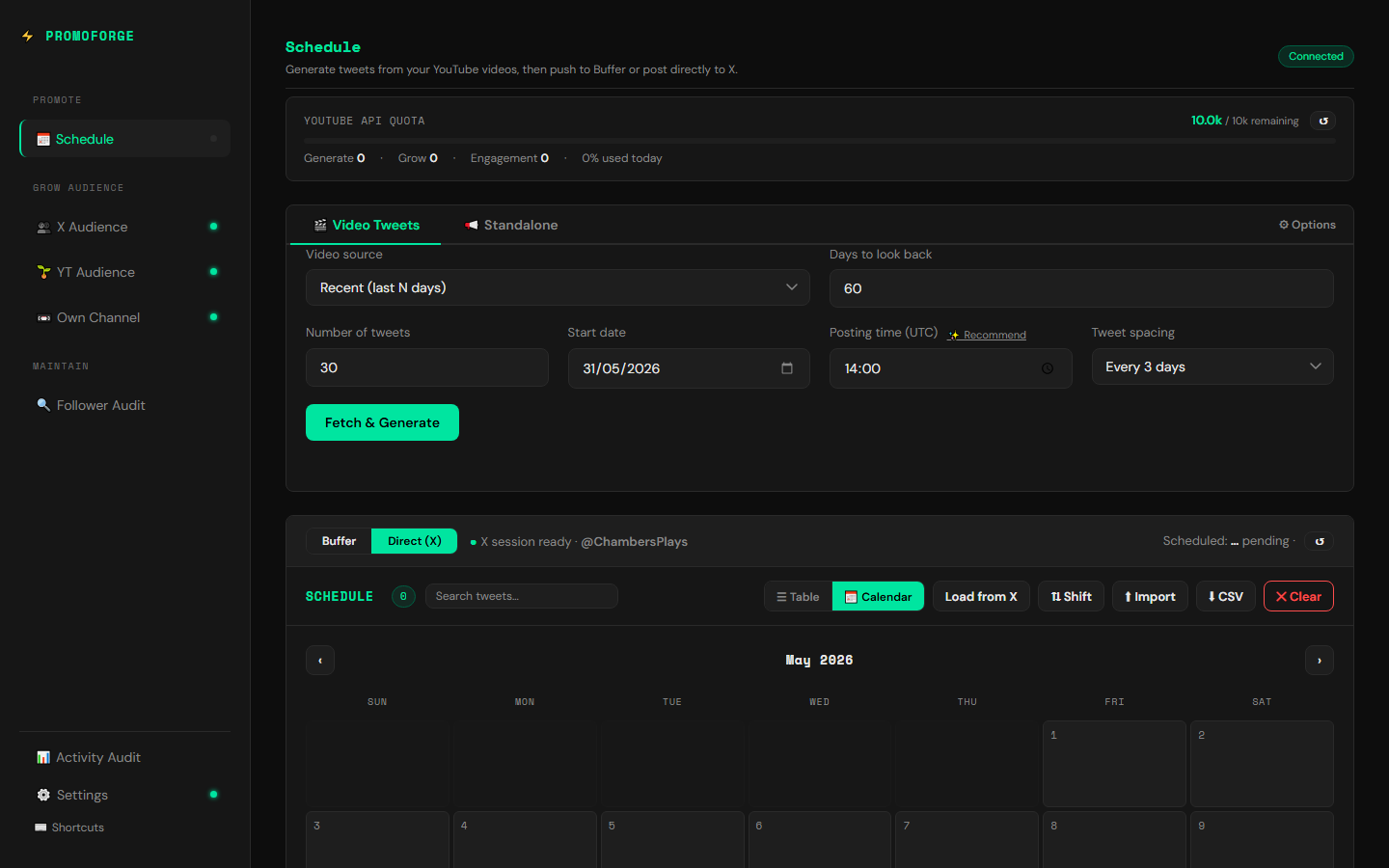 The tweet generation interface showing video source options, days to look back, number of tweets, start date, posting time, and tweet spacing settings