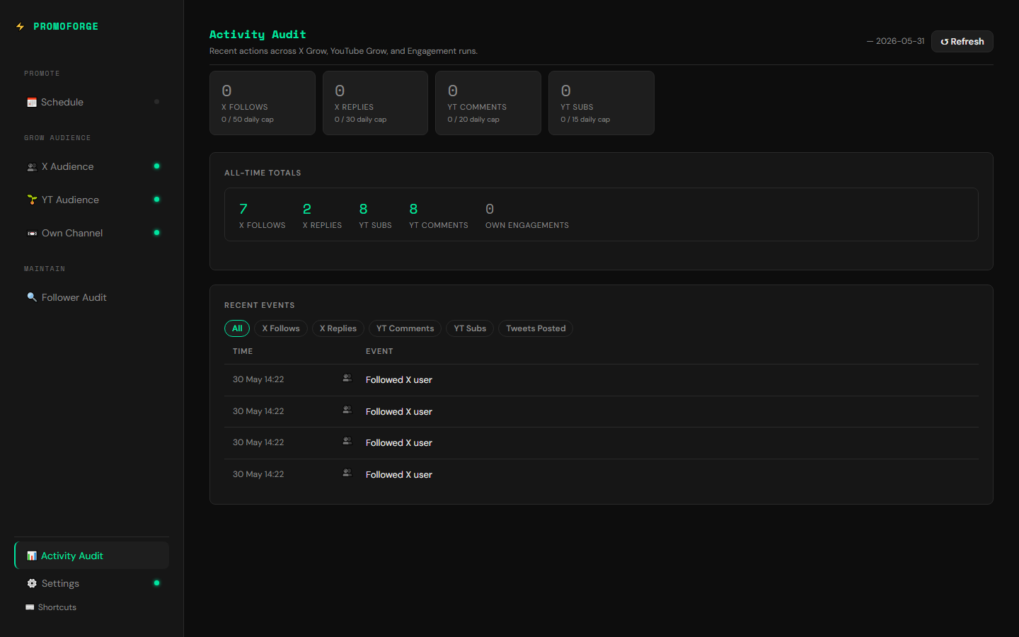 The Activity Audit tab showing a cross-feature event feed