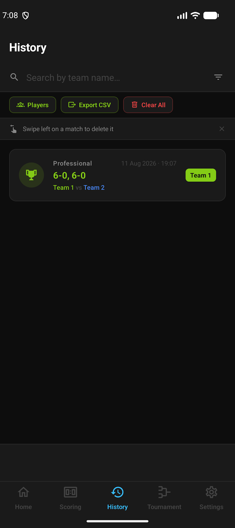 Match history list with a completed professional match
