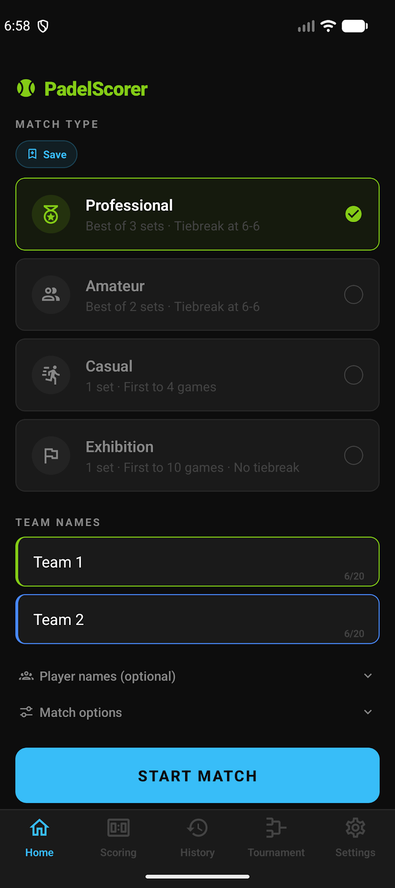PadelScorer home screen with the four match formats and team names