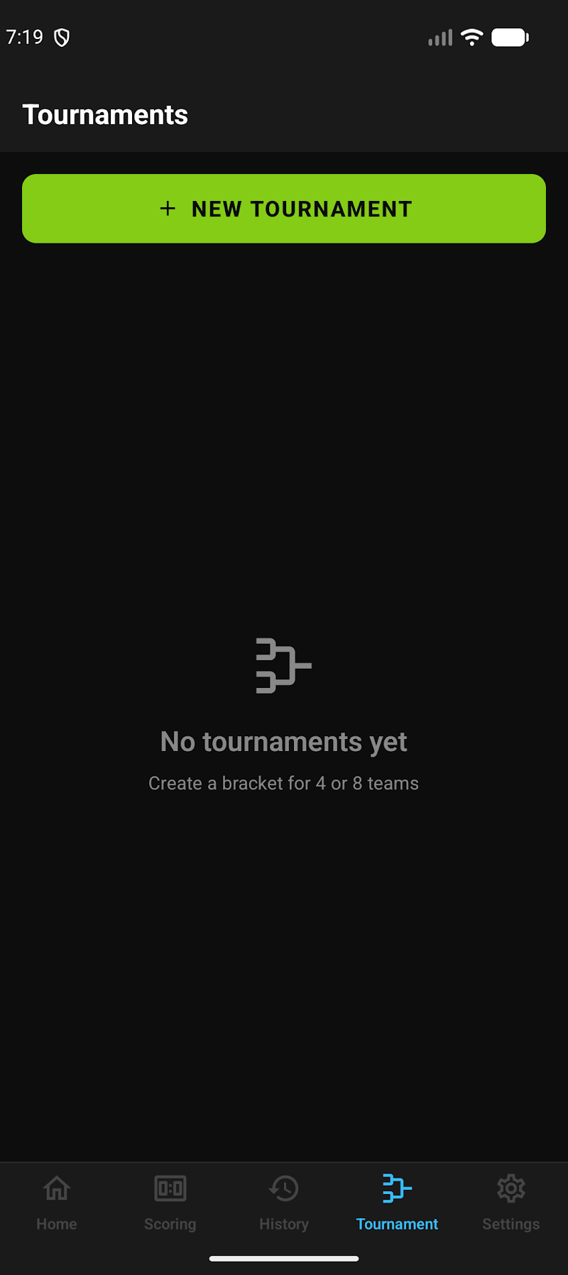 Tournaments screen with a button to create a new bracket