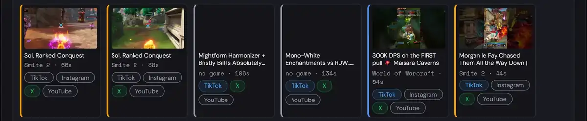 Clip backlog cards with game thumbnails and the platforms each clip is planned for