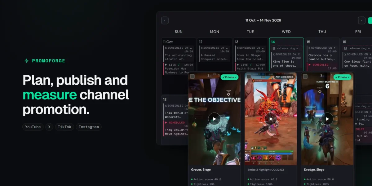 PromoForge logo and headline beside the Shorts review cards and content calendar