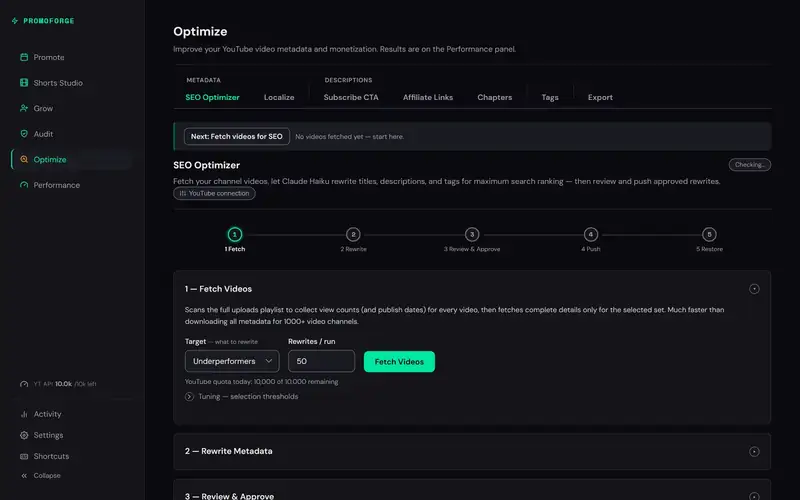 SEO Optimizer with a five-step pipeline: fetch, rewrite, review, push and restore
